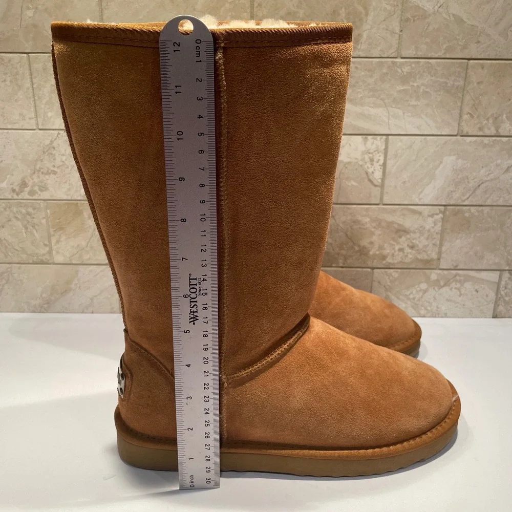 Ausland Women Mid Calf Suede Sheepskin Snow Boots Chestnut Tan Size 8.5 5116 NEW